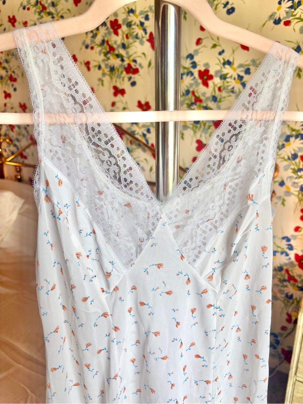 vintage cottagecore floral lace slip dress nightgown white blue peach fairycore - Picture 3 of 5